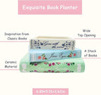 Small Book-Shaped Decorative Planter - Ceramic Vase for Flowers - Cute Bookshelf Home Bedroom Office Decor - Unique Classic Titles Bookstack Housewarming Gifts for Book Lovers