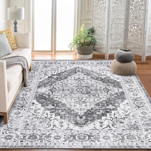 GarveeHome Boho Area Rugs for Living Room Large Machine Washable Stain Resistant Non-Slip Rugs for Bedroom, Entryway Kitchen Playroom Nursery Office, Ultra Soft Vintage Carpet - color: Grey, size: 1'7" x 1'7" (Square)