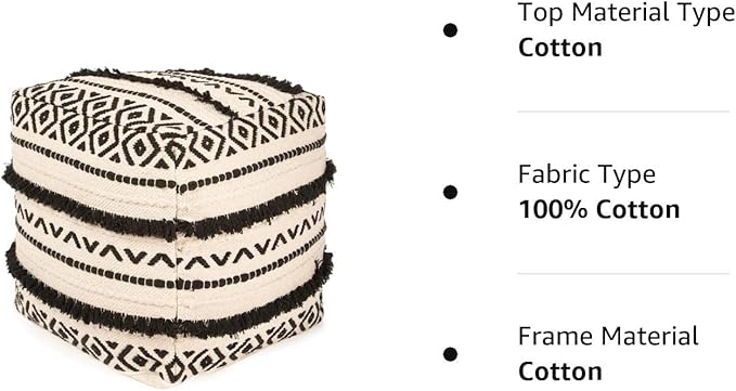 REDEARTH · UNSTUFFED Pouf Ottoman Cover Textured Boho Storage Cube Bean Bag Farmhouse Poof Pouffe Footrest for Living Room, Bedroom, Kidsroom; 100% Cotton (18"X18"X18"; Black Natural)