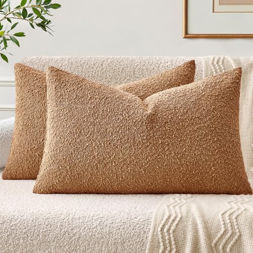 EMEMA Pack of 2, 12 x 20 Inch, Textured Boucle Throw Pillow Covers Cozy Soft Accent Solid Cushion Cases Decorative Brown Pillowcases for Couch Sofa Chair Bedroom Living Room Home Decor - color: Brown, size: 20" x 12" (Pack of 2)