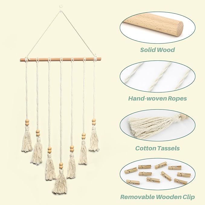 Hanging Photo Display Wall Decor Macrame Wall Hanging Boho Collage Picture Frames Decor for Dorm Bedroom Living Room Teen Girl Gifts-A
