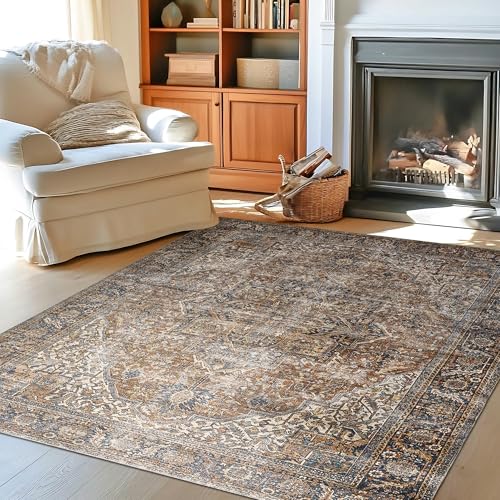 Brown Area Rug 5x7 Machine Washable Living Room Rug Modern Farmhouse Low Pile Non Slip Low Pile Boho Vintage Floral Moody Carpet for Bedroom, Dark Brown - color: Brown, size: 5' x 7' (Rectangular)