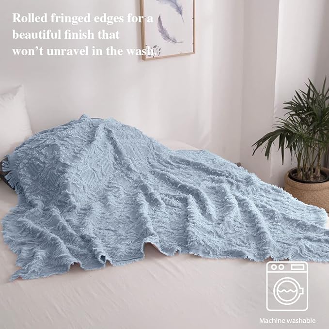 Simple&Opulence Cotton Throw Blanket for Bed, Couch, Boho Textured Geometric Knit Woven Blanket with Tassels Soft, Lightweight Breathable Shabby Chic Farmhouse Decoration for All-Season(Dusty Blue)