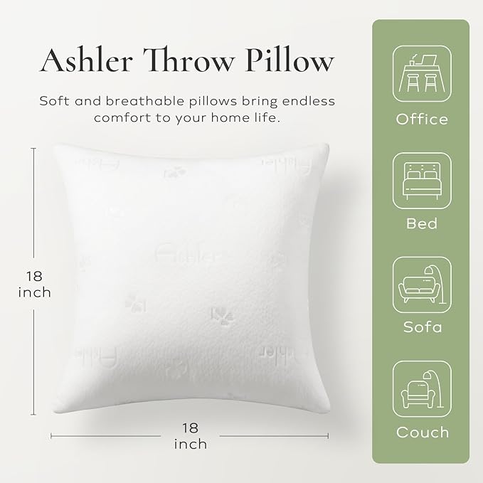 Ashler Throw Pillows Insert- 18x18 Pillow Inserts with Air Layer, Premium Bed and Couch Pillows - Indoor Decorative Throw Pillow, Square Cushion Sham Stuffer, Pack of 4, White