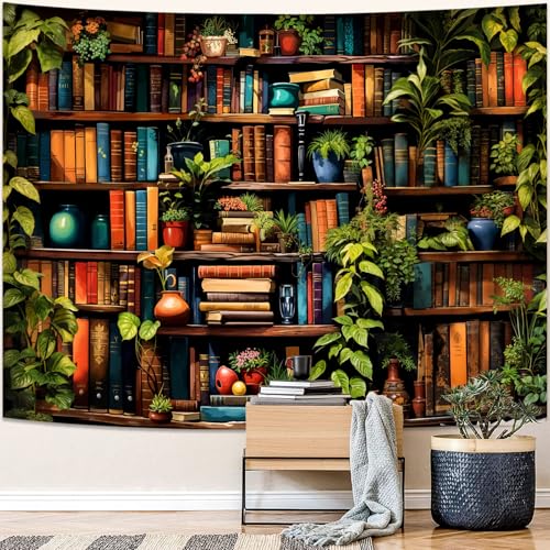 Accnicc Botanical Bookshelf Tapestry Lush Green Plant Book Shelf Tapestries Wall Hanging Art Vintage Retro Potted Plants Academics Library Book Tapestry for Bedroom Living Room Dorm 80 x 60 inch - color: Green, size: 80"L x 60"W