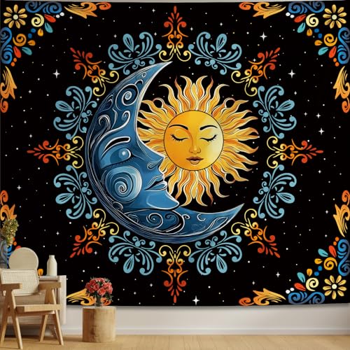 Alened Boho Hippie Sun and Moon Tapestry for Bedroom Aesthetic, Black Vintage Celestial Starry Sky Tapestries, Dark Floral Moon and Stars Wall Hanging Decor for Dorm Living Room (51'' x 60'') - color: sun and moon, size: 60"L x 51"W