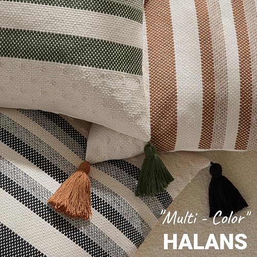Boho Throw Pillow Covers with Tassels Woven Set of 2, 18x18 Inch Striped Textured Couch Throw Pillows for Couch Bed Sofa Bedroom Modern Funky (Light Brown, 18"x18"(Pack of 2)) - color: Light Brown