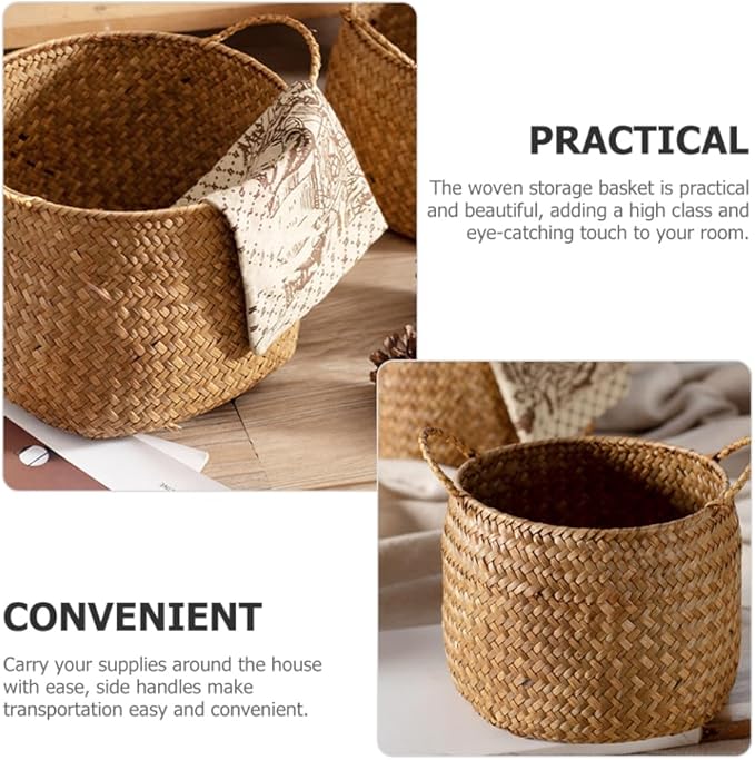 Ciieeo Japanese Style Woven Storage Basket Handles Handcrafted Decorative Organizer for Cosmetics Flower Arrangement or Nursery Natural Grass Weave for Home Decor
