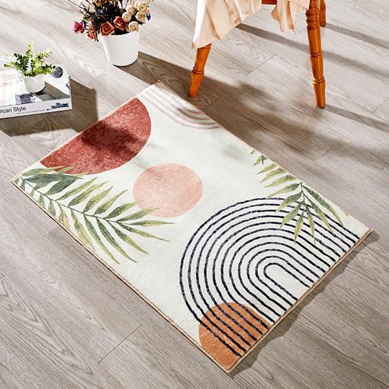 RoomTalks Boho Cute Bathroom Rugs Bath Mat Non Slip Washable, Modern Abstract Geometric Shape with Tropical Leaves 2x3 Small Area Rug for Bedroom Kitchen, Neutral Contemporary Retro Indoor Entry Rug - color: Terracotta and Black, size: 2' x 3' (Rectangula