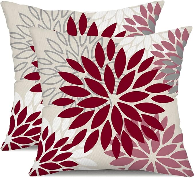 DFXSZ Wine Red Pink Flower Pillow Covers 16x16 Inch Set of 2 Outdoor Throw Pillows Outdoor Waterproof Decor for Living Room Sofa Patio Funiture Garden Floral Polyester Pillow Covers 002R16