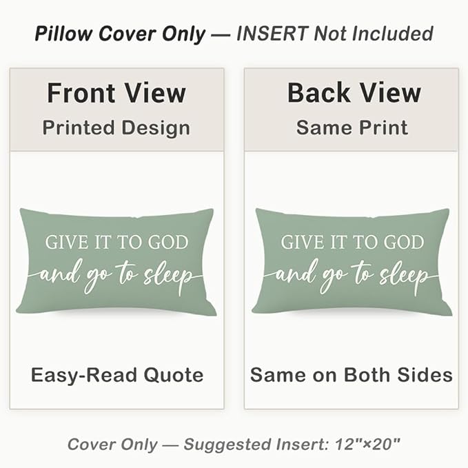 Decorative Throw Pillow Covers 12x20 Inch Set of 2 – Deep Sage Christian Lumbar Pillowcase – Give It to God and Go to Sleep/Relax God’s Got This – Spring Summer Faith Bedroom Bed Decor