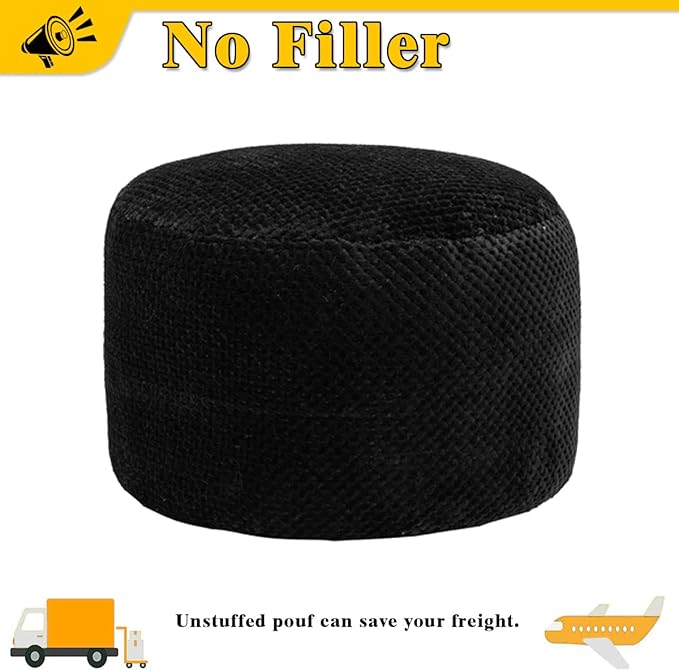 Asuprui Unstuffed Pouf Ottoman Round Poof Ottoman No Filler Soft Faux Fur Foot Stool 20x20x12 Inches Fuzzy Chair Floor Pouf Foot Rest with Storage for Living Room Bedroom Black