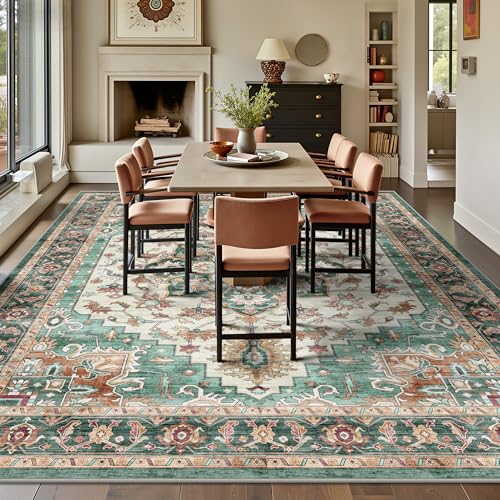 8x10 Area Rugs for Living Room - Washable Rug Vintage Distress Boho Medallion Rugs for Bedroom, Soft Non-Slip Backing Low Pile Carpet for Dining Room Office Nursery Dorm Home, Green Brown - color: B-green Brown, size: 8' x 10' (Rectangular)