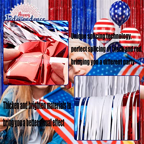 4 Pack Red Blue White Foil Fringe Curtain Backdrop, 3.28Ft x 8.2Ft Metallic Tinsel Foil Fringe Streamers Curtains for Photo Booth, Wedding, Mardi Gras, Birthday, Independence Day Party Decoration - color: Blue,White