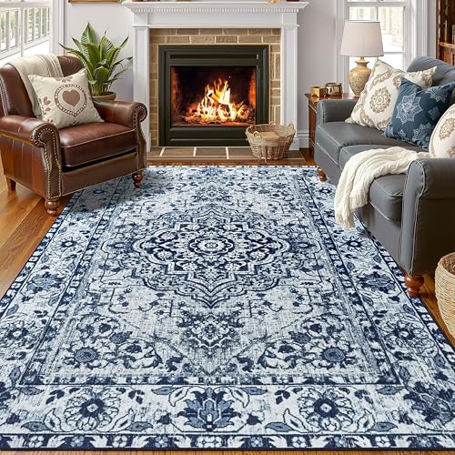 YJ.GWL Area Rugs for Living Room 4x6 Machine Washable Rugs for Bedroom, Non Slip Floral Vintage Rug Indoor Carpet, Stain Resistant Throw Rug for Dining Room Kitchen, Navy Blue - color: Navy Blue, size: 4' x 6' (Rectangular)