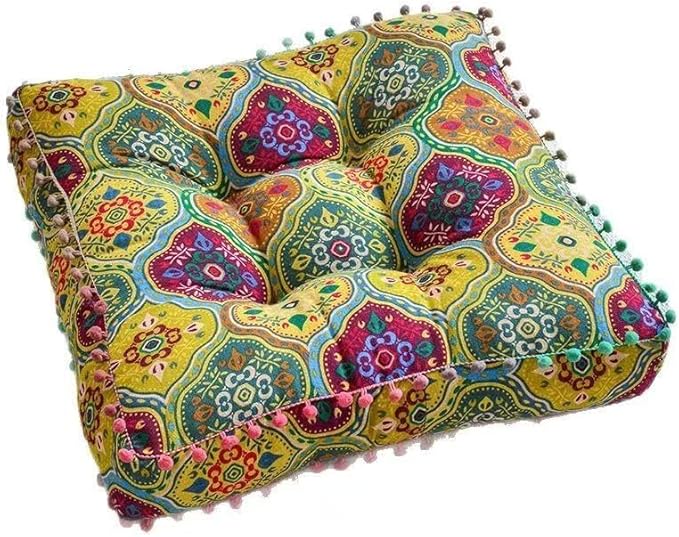 Bohemian Floor Pillow, Square Meditation Cushion & Yoga Mat – Ethnic Mandala Pattern Floor Seating for Living Room, Bedroom, Relaxation, Floor Decor(Yellow)