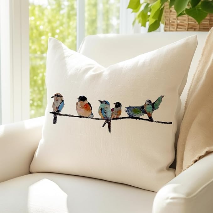 RABUSOA Birds Pillow Covers 16x16 Inch,Lumbar Decorative Throw Pillows,Spring Summer Hand-Painted Outdoor Pillowcases Cushion Covers for Couch