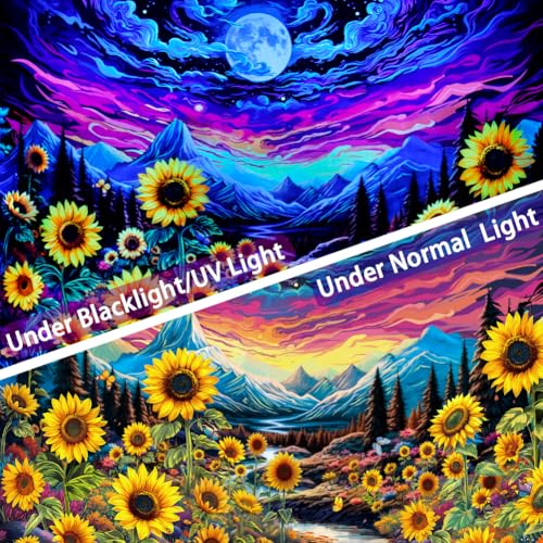 Dermijer Blacklight Moon Sunflower Tapestry Starry Night Mountian UV Reactive Wall Hanging Tapestries Galaxy Space Nature Landscape Tapestry for Home Decor 78.7L x 59.1W - size: 78.7"L x 59.1"W