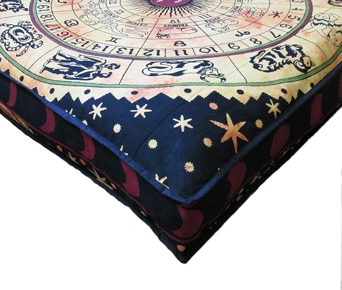 ICC Large Square Floor Pillow Cover Hippie Ottoman Pouf Cover Daybed Cotton Mandala Cushion Cover with Heavy Duty Zipper Seating Ottoman Poufs Dog-Pets Bed (Yellow Zodiac, 35" Square)