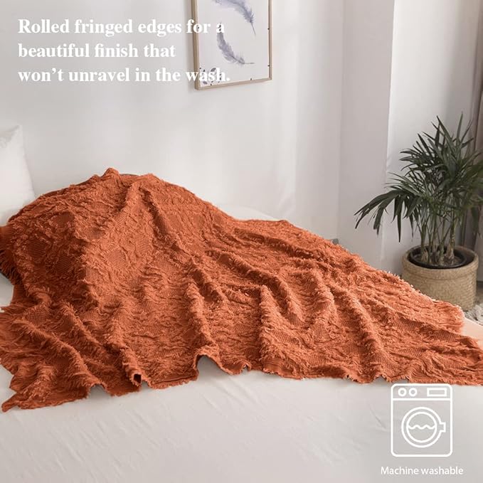 Simple&Opulence Cotton Throw Blanket for Bed, Couch, Boho Textured Geometric Knit Woven Blanket with Tassels Soft, Lightweight Breathable Shabby Chic Farmhouse Decoration for All-Season(Rust Orange)