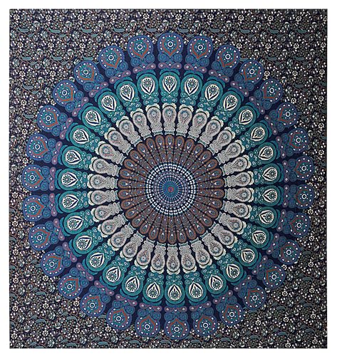 FURNISHFUL FINESSE Handmade Cotton Peacock Mandala Tapestry - Navy Blue & Green Ombre Boho Wall Decor, Bohemian Hippie Room Hanging for Bedroom & Living Room - 30x40 Inches - color: Navy Blue, size: 40"L x 30"W