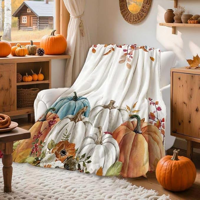 Fall Pumpkins Throw Blanket, Thanksgiving Autumn Maple Leaves Watercolor Blanket for Bed Sofa Travel and Camping, Super Soft Cozy Fluffy Plush Blanket for All Seasons, 50" x 60"