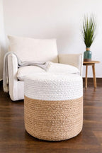 S & L Homes Pouf Ottoman - 100% Jute Braided Footrest Pouf Hand Knitted Traditional Cord Boho Pouffe for Living Room, Bedroom, Nursery, Patio, Lounge Colorblock - Natural Ivory (16”x16”x16”)