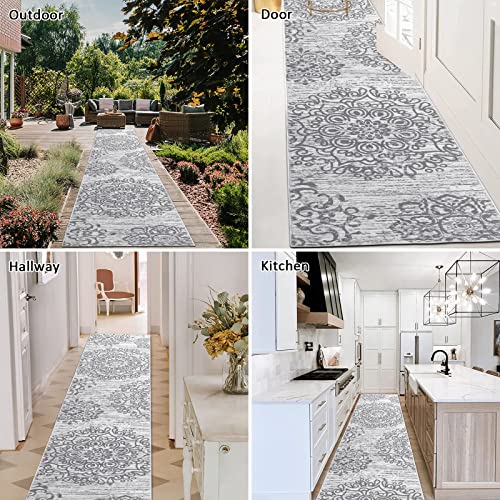 HEBE Hallway Runner Rug 2'x10' Washable Vintage Distressed Area Rugs Non Slip Laundry Rug Runner Boho Floor Carpet Runners for Hallways Entryway Laundry Room Kitchen Bathroom - color: Grey, size: 2' x 10' (Rectangular)