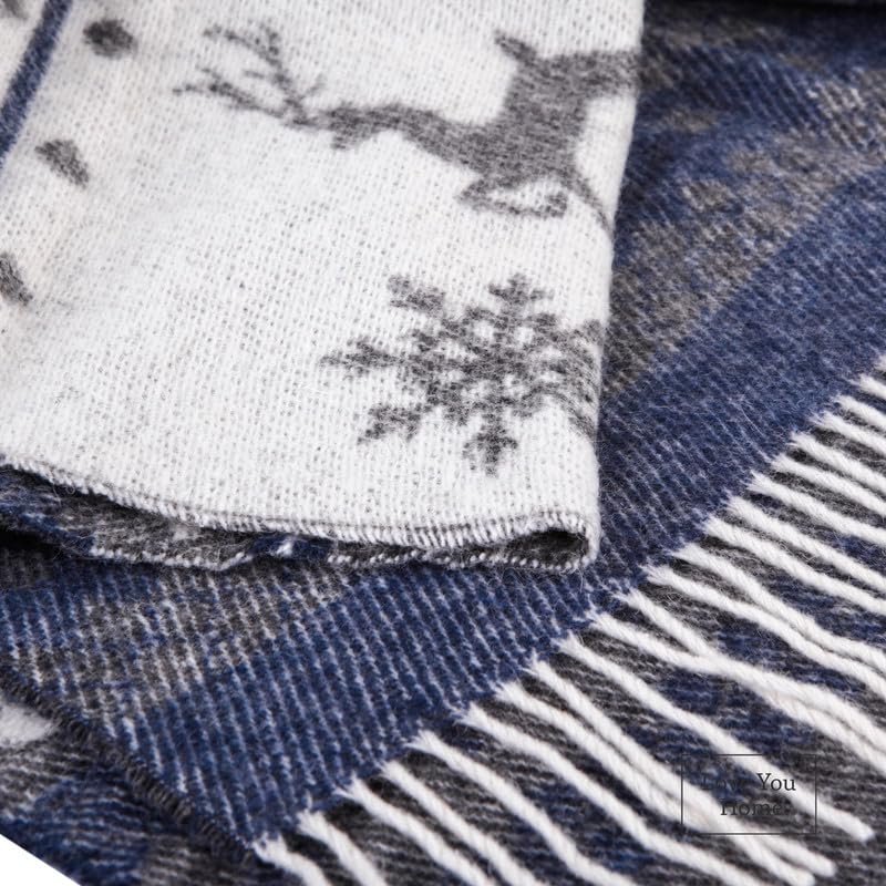 LYHome Merino Wool Blanket - Warm Throw for Cold Weather, Warmest Travel Outdoor Camping Blankets, Picnic Army and Military Throws, Comforter Soft & Cozy (55" x 79" Navy Blue with White Raindeers) - color: Navy Blue With White Raindeers