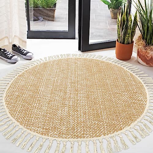 Collive Hand Woven Round Area Rug Soft Cotton Machine Washable Carpet 4ft Farmhouse Rugs with Tassels, Tan/Cream Circle Rugs for Bedroom Living Room Dining Room Table Office - color: Tan/Cream, size: 4' (Round)