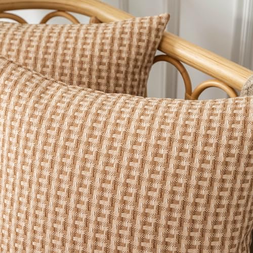 UGASA Outdoor Waterproof Pillow Covers Pack of 2 Weaving Texture Water Resistant Outside Decorative Pillow Cases for Patio Garden Porch Yard Bench Tent 18x18 Inch, Light Brown - color: Light Brown, size: 18" x 18" (Pack of 2)