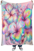 Rainbow Hibiscus Throw Blanket Soft Flannel Fleece Bed Blanket Tropical Flowers Hibiscus Throw Blanket All Season Warm Fuzzy Light Weight Cozy Plush Blankets for Living Room Bedroom 30"x40"