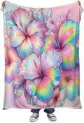 Rainbow Hibiscus Throw Blanket Soft Flannel Fleece Bed Blanket Tropical Flowers Hibiscus Throw Blanket All Season Warm Fuzzy Light Weight Cozy Plush Blankets for Living Room Bedroom 70"x80"