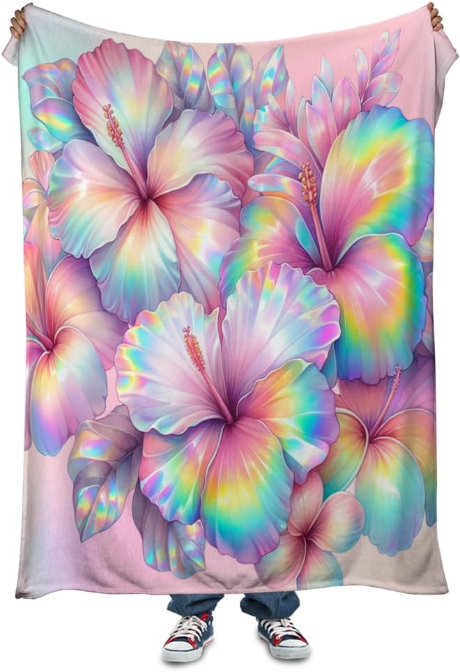 Rainbow Hibiscus Throw Blanket Soft Flannel Fleece Bed Blanket Tropical Flowers Hibiscus Throw Blanket All Season Warm Fuzzy Light Weight Cozy Plush Blankets for Living Room Bedroom 70"x80"