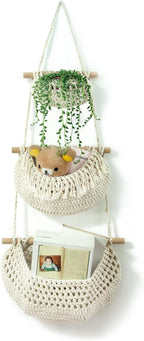 Hanging Fruit Basket,3 Tier Over The Door Organizer, Handmade Woven Cotton Rope Wall Hanging Baskets for Organizing, Boho Wall Basket Decor, Storage Baskets for Kitchen