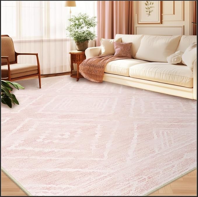 Area Rug 8x10 Rug Machine Washable Non-Slip Low Pile Print Pattern Western Rug for Living Room Bedroom Entryway Tribal Series -Light Pink/Cream