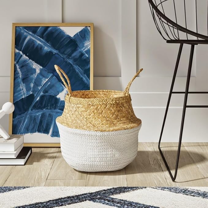 LiloCraft Seagrass Plant Basket (Size: 9x8 inches, Pattem:White Bottom) Home Decor Storage Solution with Eco-Friendly, Woven Basket Planter Indoor with Handles, Round Boho Plant Pot