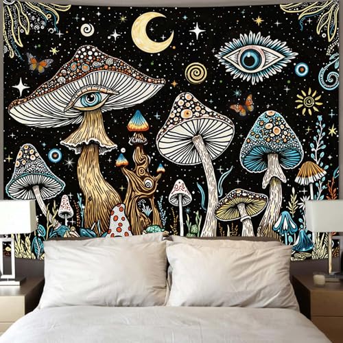 Accnicc Hippie Mushroom Tapestry Abstract Fantasy Plant Wall Tapestry for Bedroom Aesthetic Art Moon Star Eye Butterfly Large Tapestries Wall Hanging for Dorm Living Room Decor 80 × 60 Inch - color: Black Green, size: 80"L x 60"W