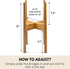 Fox & Fern Adjustable Plant Stand Indoor — 8 to 12 Inch Mid Century Bamboo Plant Stand with Adjustable Width - Plug In Design - Easy to Assemble - Two Heights - For 8, 9, 10, 11 & 12 Inch Pots