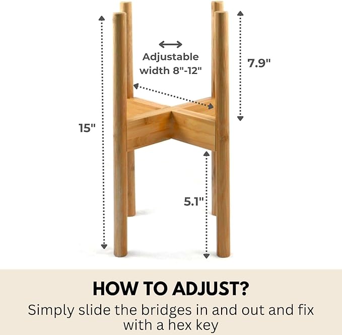 Fox & Fern Adjustable Plant Stand Indoor — 8 to 12 Inch Mid Century Bamboo Plant Stand with Adjustable Width - Plug In Design - Easy to Assemble - Two Heights - For 8, 9, 10, 11 & 12 Inch Pots