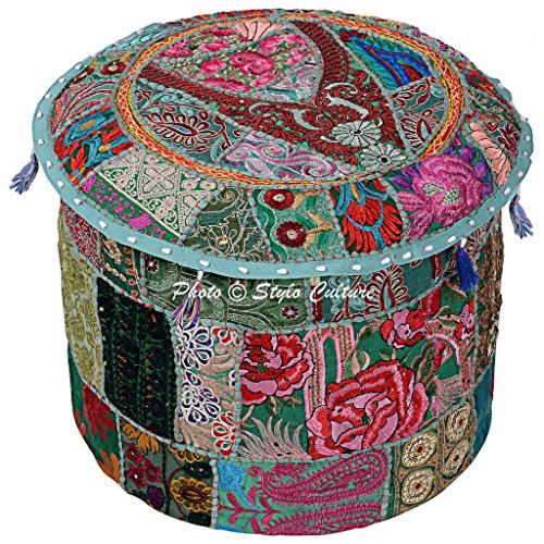Ethnic 18" Cotton Patchwork Embroidered Fabric Pouffe Ottoman Stool Pouf Cover Green Floral Bean Bag Round Footstool Floor Cushion Indian Decor Bean Home - color: Dark Green