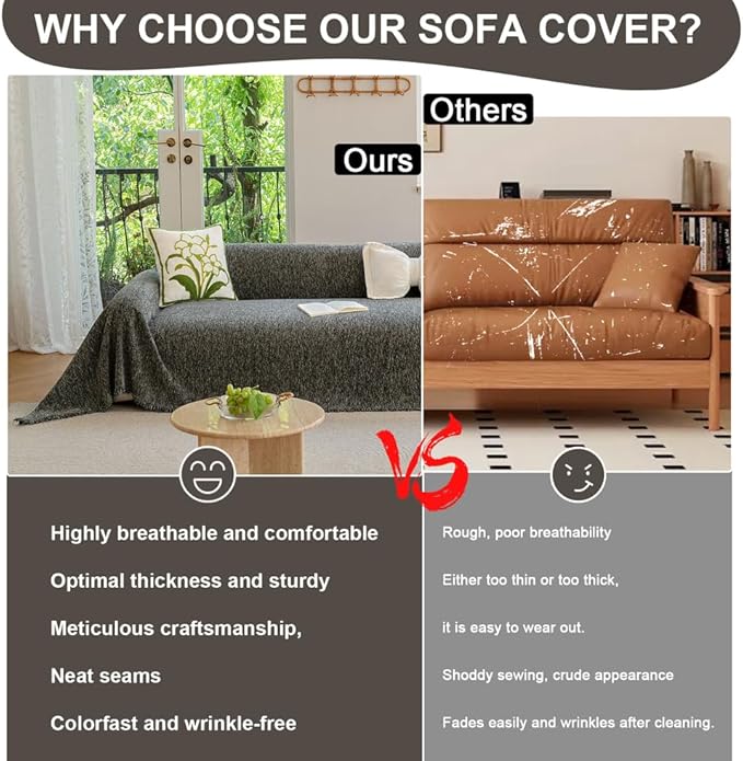 ROOMLIFE Gray Couch Cover Boho Sofa Covers for 3 Cushion Couch Washable, Furniture Protector Sofa Couch Cover for Dogs, Soft Chenille Sofa Slipcover, Couch Throw Blankets with Tassels 71 '' X 134''