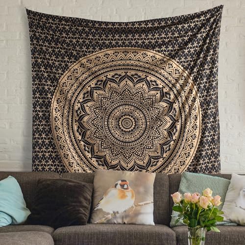 THE ART BOX Black Gold Ombre Tapestry Wall Hanging Mandala – Bohemian Room Decor – Cotton Throw Tapestry – Boho Bedding Twin Bedspread 55x82 Inches - color: Gold and Black, size: 55"L x 82"W