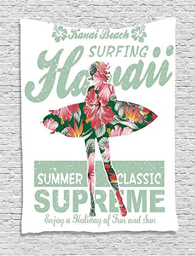 Ambesonne Hawaiian Tapestry, Tropical Hawaii Hibiscus Surfing Girl Silhouette Surfboard Retro Themed Artprint, Wall Hanging for Bedroom Living Room Dorm Decor, 40" X 60", Coral Green - color: Coral Green, size: 60"L x 40"W