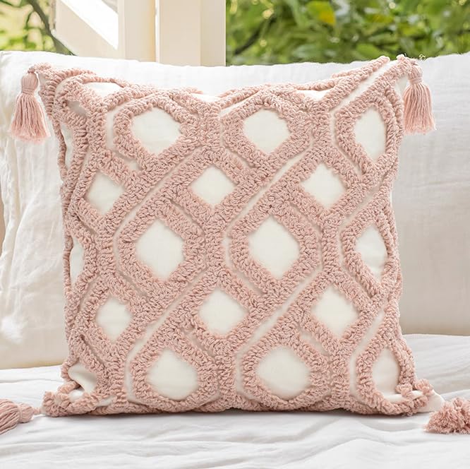 Boho Pillow Covers 18X18 Inch Boho Tufted Throw Pillow Covers Decorative Tassels Cushion Cover Farmhouse Pillow Case for Couch Sofa Bed Living Room Bedroom, Blush - color: Boho Blush, size: 18" x 18" (Pack of 1)