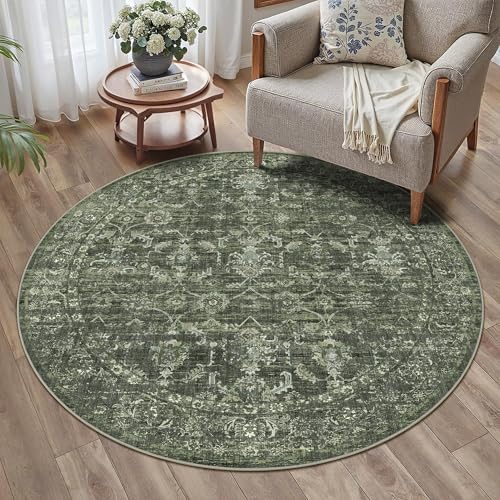 4ft Round Washable Area Rugs for Living Room, Vintage Boho Large Rug for Bedroom Dining Room Office, Distressed Floral Print Carpet for Under Table, Soft Non Slip Low Pile Throw Indoor Mat, Green - color: Dark Green, size: 4' (Round)
