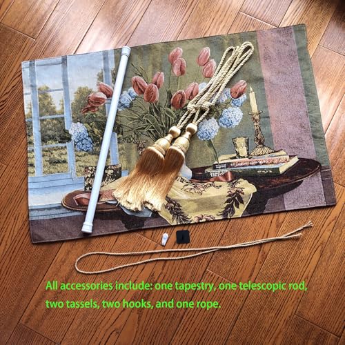 AureoMadis Vintage Floral Tapestry Wall Hanging Set with Telescopic Rod & Tassels - Jacquard Woven Fabric Aesthetic Flower Wall Tapestries for Bedroom/Living Room Decor Spring Botanical Art (42"x27") - color: Pastel - toned, flowers on a table scene