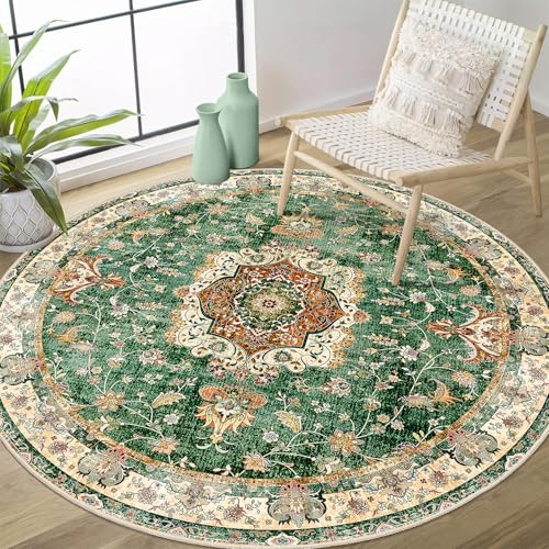 Green Round Rug 4ft,Circle Washable Area Rugs for Bedroom Bathroom Entryway Kitchen,Small Boho Vintage Bohemian Distressed Oriental Floral Carpet Non Slip,Retro Sage Floral - color: Green, size: 4'x4'