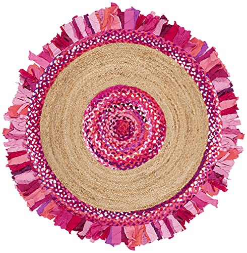 SAFAVIEH Cape Cod Collection 3' Round Pink / Natural CAP701U Handmade Boho Fringe Jute & Cotton Area Rug - color: Pink/Natural, size: 3' (Round)