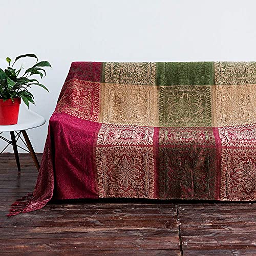 AIVIA Boho Sofa Couch Throw Blanket Futon Slipcover, Recliner Chair Throws Sofa Cover Colorful Chenille Woven Bohemian Decor - 60" x 75" Green Wine Red - color: Red Green Beige, size: 60" x 75"